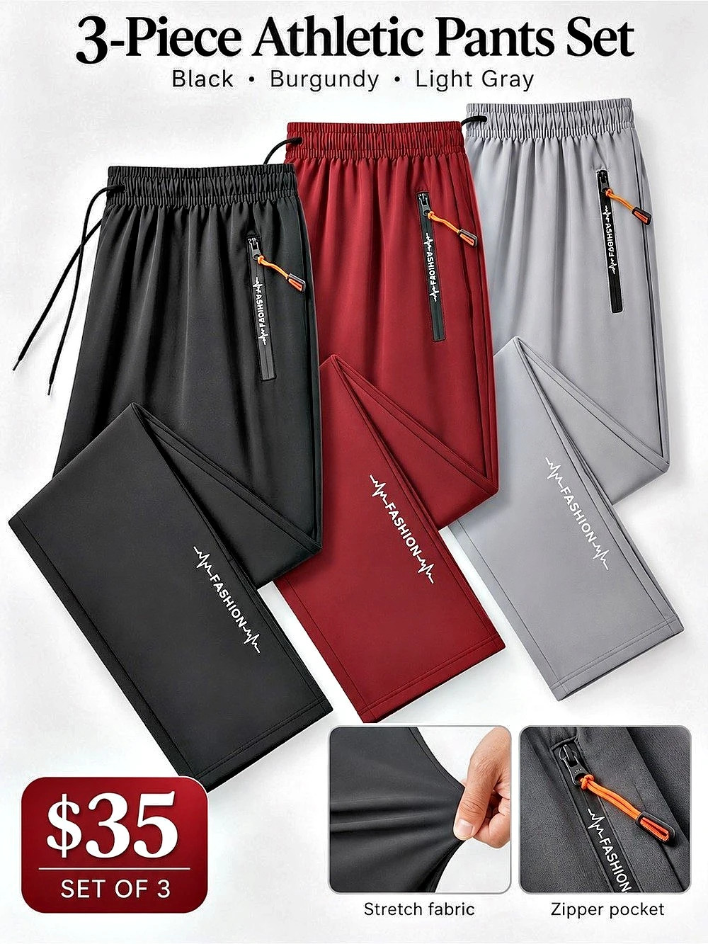 3-Piece Athletic Pants Set in Black & Burgundy NWT